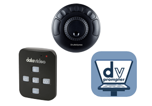 images of Datavideo Bluetooth controller, ShuttleXpress and dvPrompter software