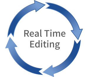 blue circular arrows with real time editing text in centre