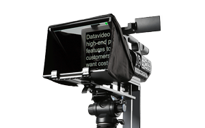 Datavideo TP-300 Mk II Teleprompter mounted in front of camera lens on tripod 