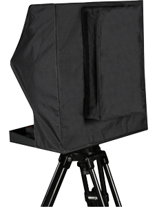 Datavideo TP-900 mounted to a tripod with the fabric cover extended to allow for larger cameras