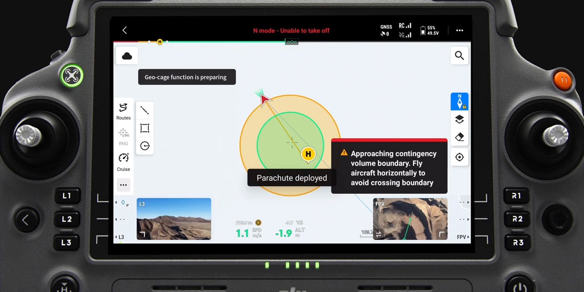 dji controller showing the automatic deployment for the ap100 parachute