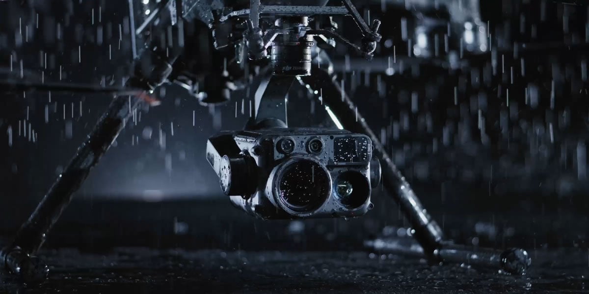 close up of the matrice 400 in heavy storm rain