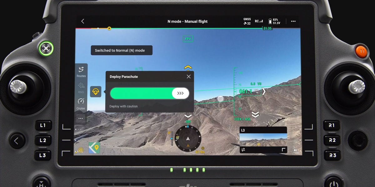 dji controller showing the manual deployment for the ap100 parachute