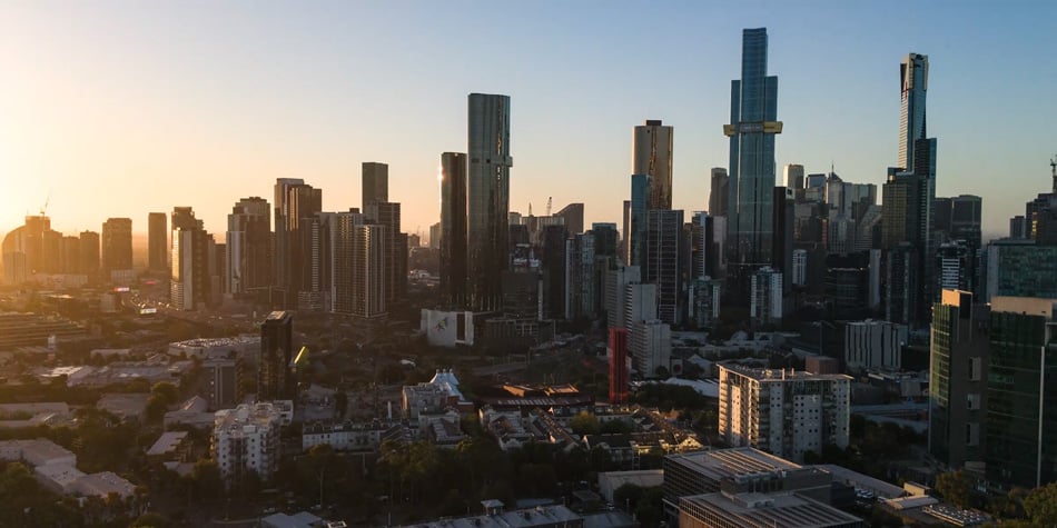 screenshot from a hyperlapse of the melbourne skyline at sunset