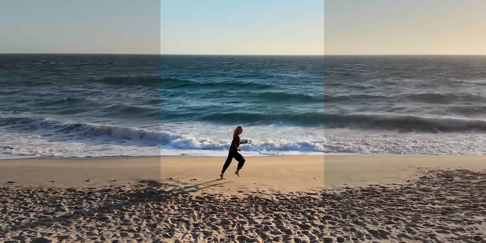 sample image from a video of a woman running across a beach