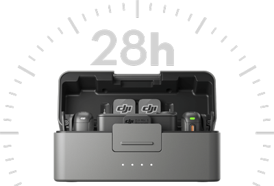 dji mic 3 in the charging case with 28h above it