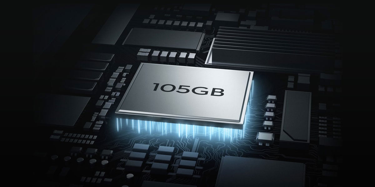 Close-up view of a high-performance computer processor chip with 105GB storage capacity