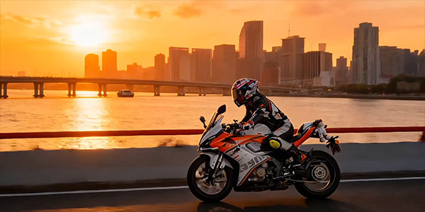 Motorcyclist riding a sportbike along a river at sunset with a city skyline background