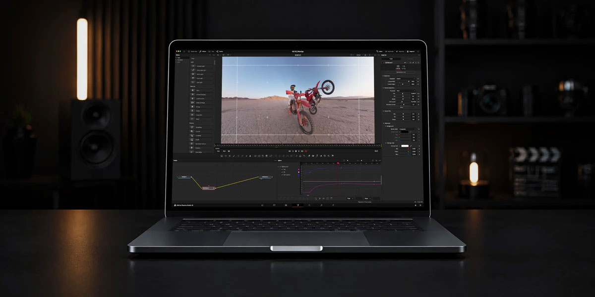 Laptop displaying action camera video editing interface with dirt bike footage