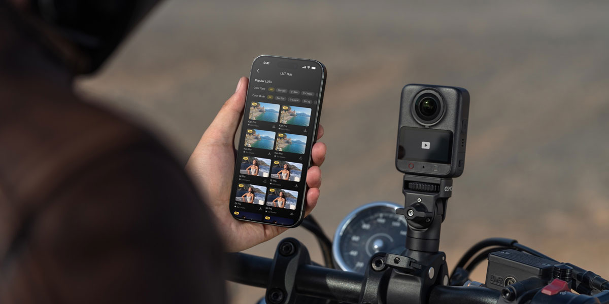 DJI Osmo 360 II action camera mounted on a motorcycle handlebar with smartphone app connectivity