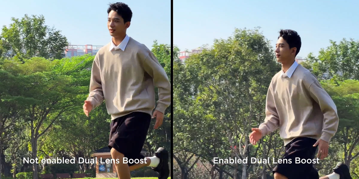 dual lens boost comparison of a man jogging
