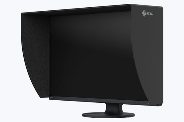 angled view of the EIZO ColorEdge CS3200X monitor with the shade hood attached