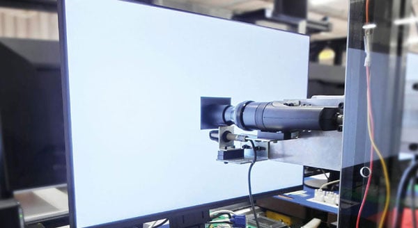 Professional hardware display calibration setup using an optical probe to test monitor brightness and colour uniformity