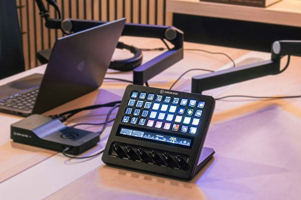Elgato Stream Deck + XL in use within a podcast studio