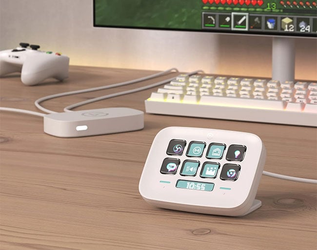 elgato capture card on a desk witha  stream deck neo