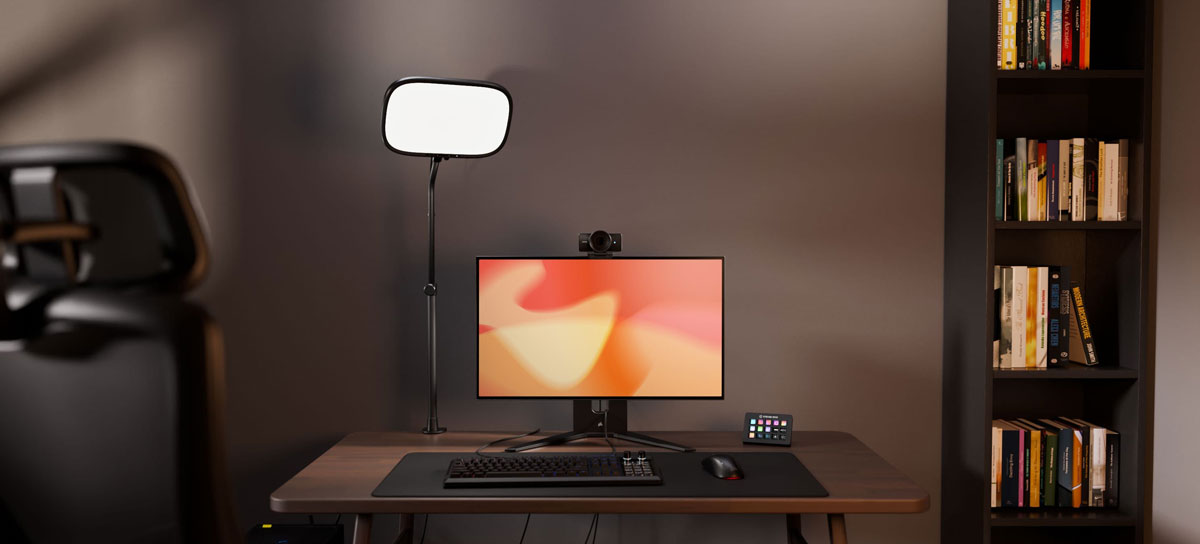 elgato key light set up on a desk with a pc and stream deck
