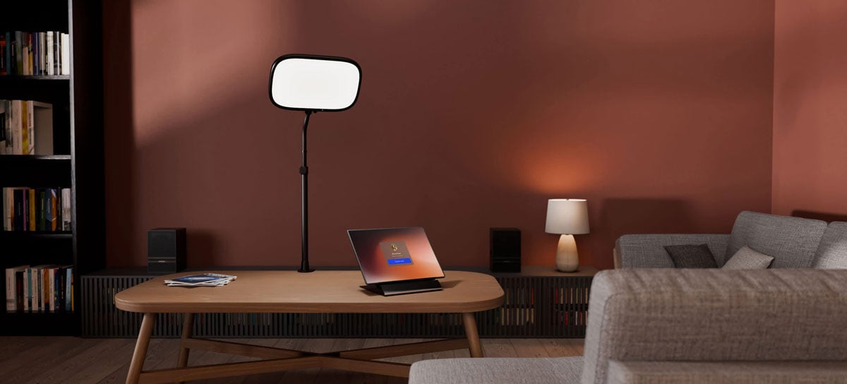 elgato key light set up on a coffe table with a tablet