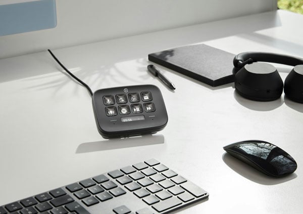 close up of the stream deck neo on a desk