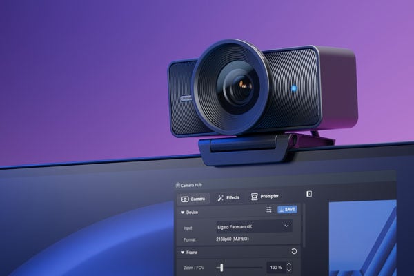 Elgato Facecam 4K mounted on a monitor, displaying its Camera Hub software interface