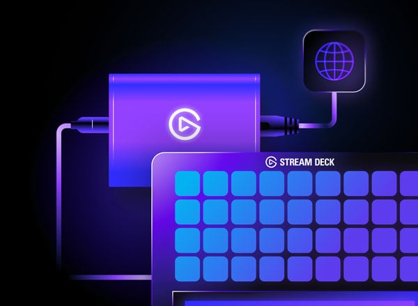 purple illustration showing the network dock connected to the elgato stream deck plus xl