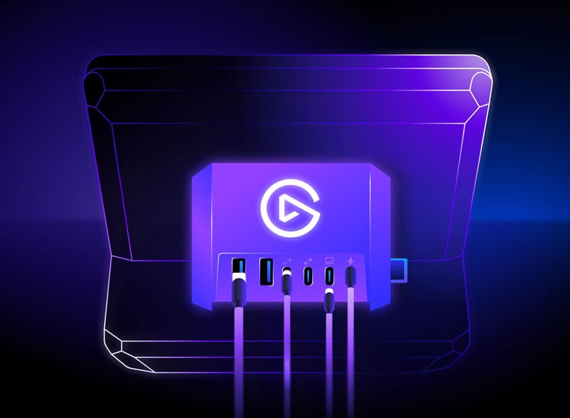 purple illustration showing the usb hub connected to the elgato stream deck plus xl