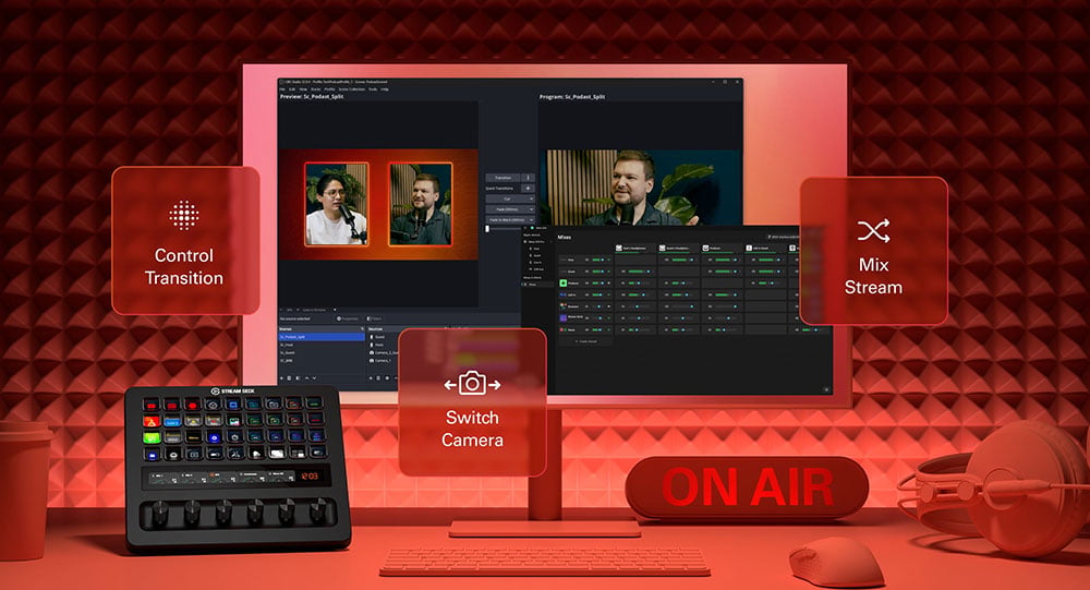 elgato stream deck plus xl on a red desk as part of a live production workflow