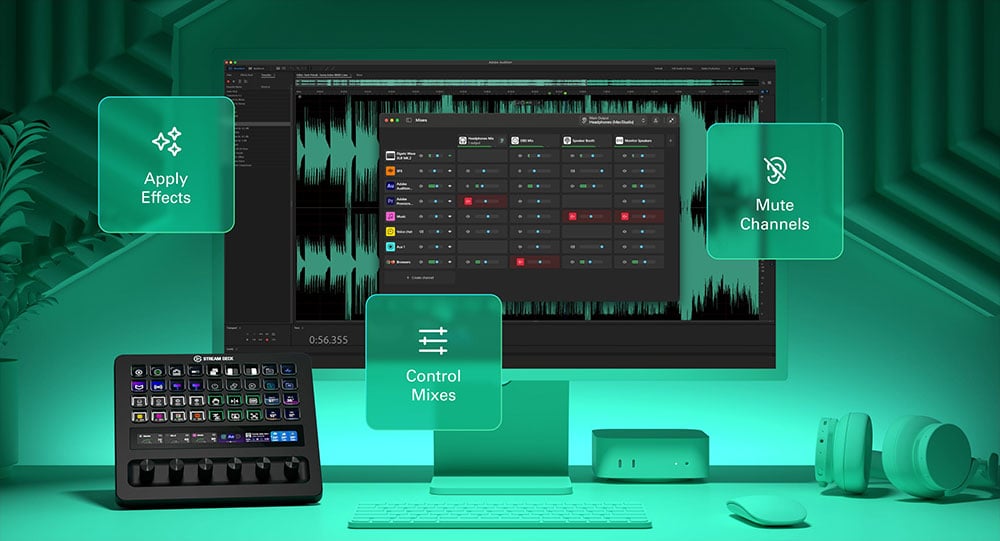 elgato stream deck plus xl on a green desk as part of a audio workflow