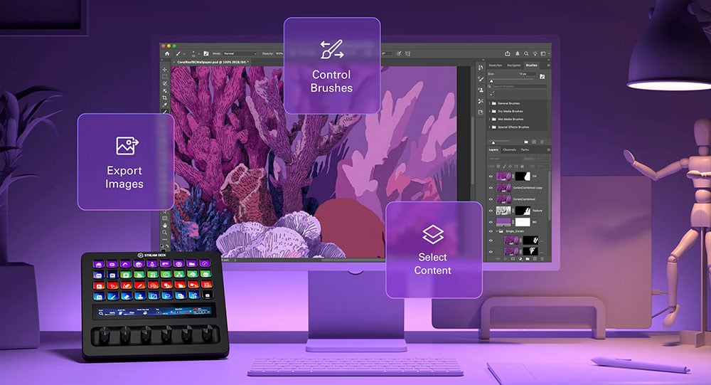 elgato stream deck plus xl on a purple desk as part of a creative workflow