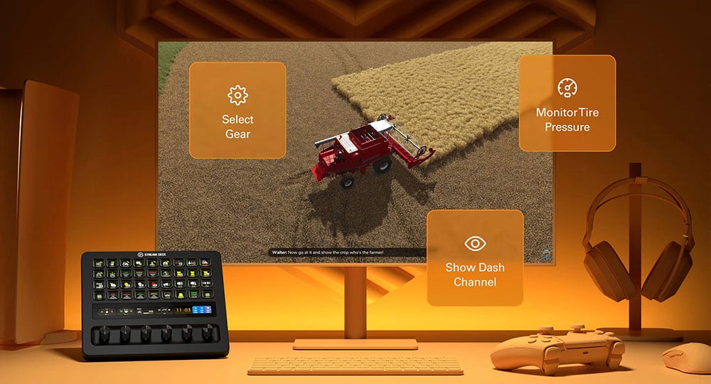elgato stream deck plus xl on a orange desk as part of a gaming workflow