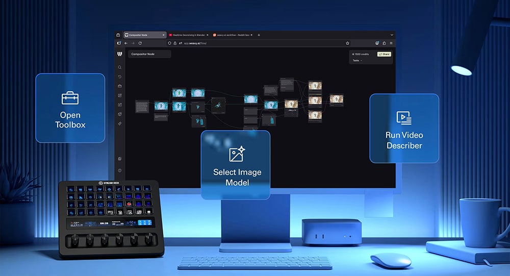 elgato stream deck plus xl on a blue desk as part of a ai workflow
