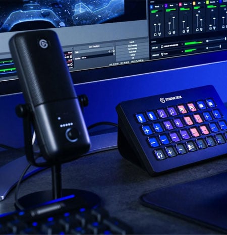 elgato wave 3 on a desk with the stream deck xl