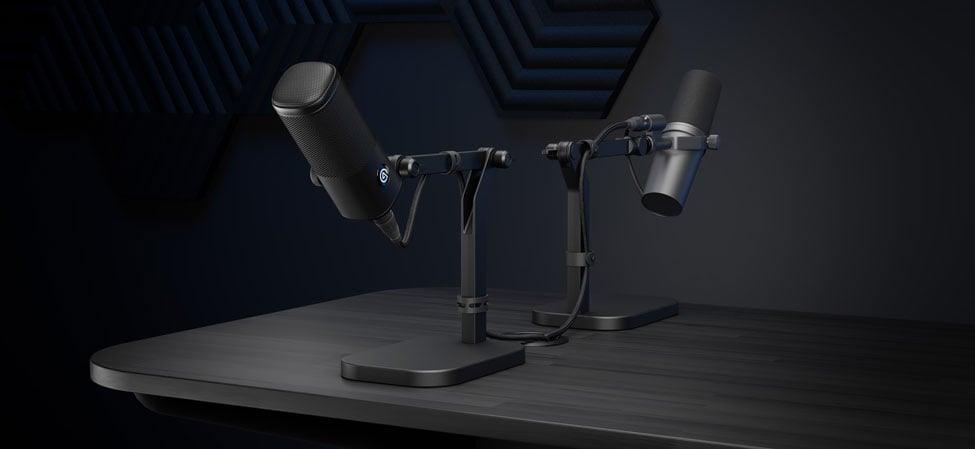 Elgato Wave Desk Stand on a desk with mic attached