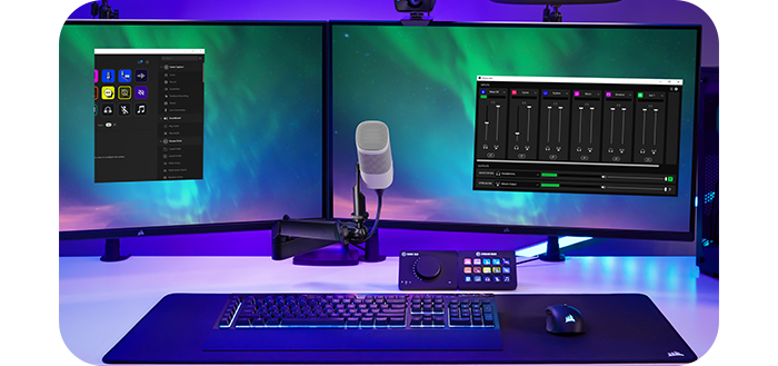 Streamer desk with corsair keyboard and Elgato streaming peripherals