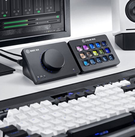 elgato wave xlr on a desk with the stream deck