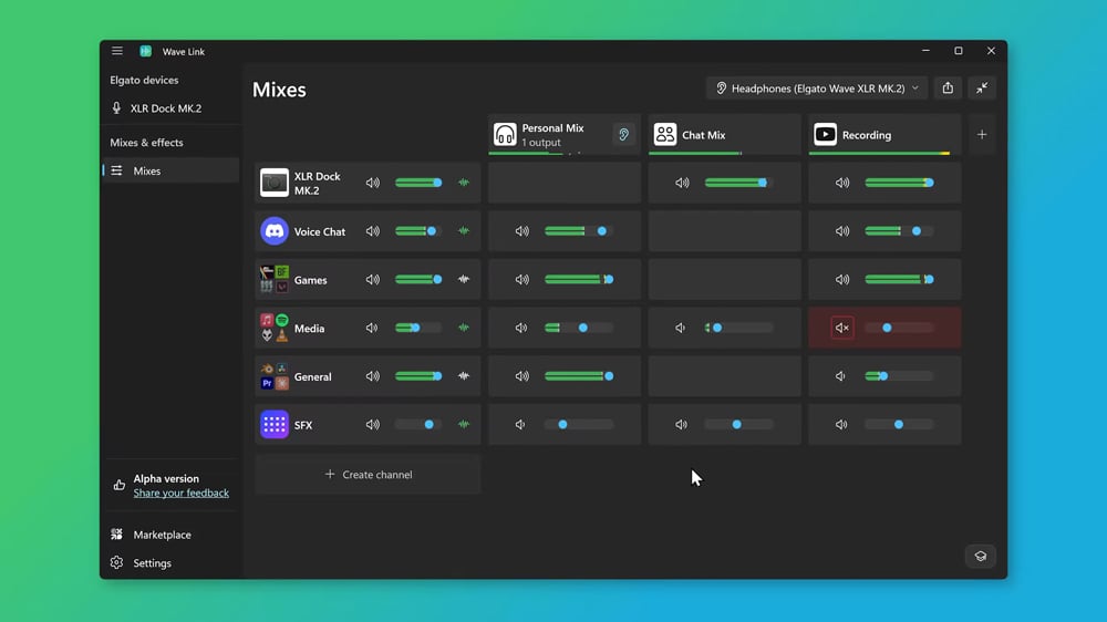 wave link app interface on a green and blue background