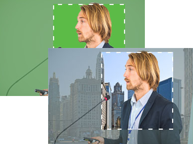 split image comparison of presenter on greenscreen and with chromakeyed video feed