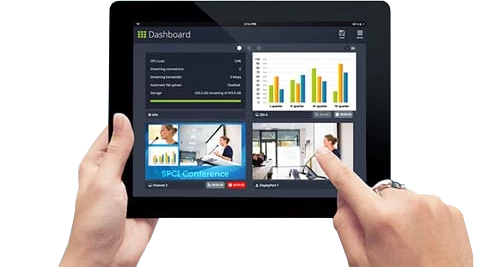 person using Apple ipad with Epiphan Live application dashboard open with 4 video