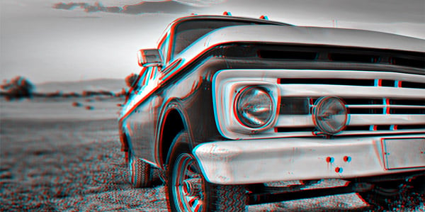 a vintage American pickup truck with a 3D-effect filter