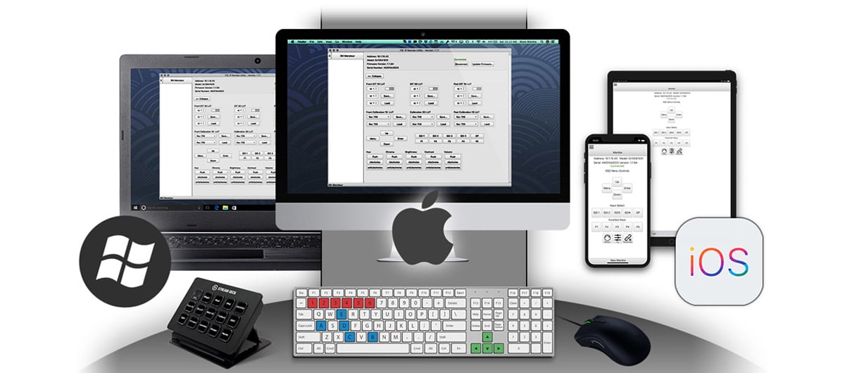 Flanders Scientific IP Remote Utility interface shown across multiple platforms