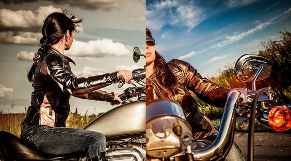 split-screen viewing of a woman on a motorbike from different angles