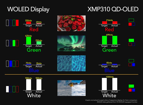 breakdown comaprison of OLED displays against the XMP310 monitor