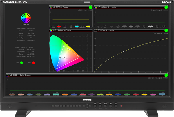 XMP550C reference monitor showing gaiacolor interface on the screen