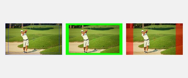 Three visual examples demonstrating different image cropping and aspect ratio framing styles for a golfer swinging on a course