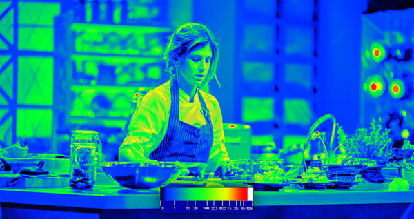 Production monitor false colour display mode showcasing highlight and shadow exposure values of a person cooking