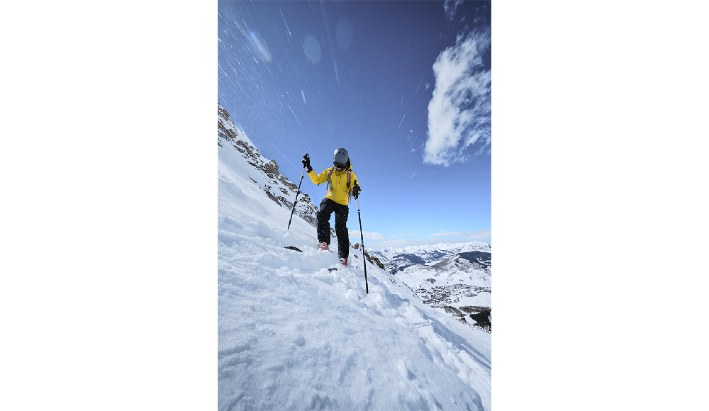 Fujifilm XF8mm F3.5 R WR sample image of off piste skiier on a mountain side