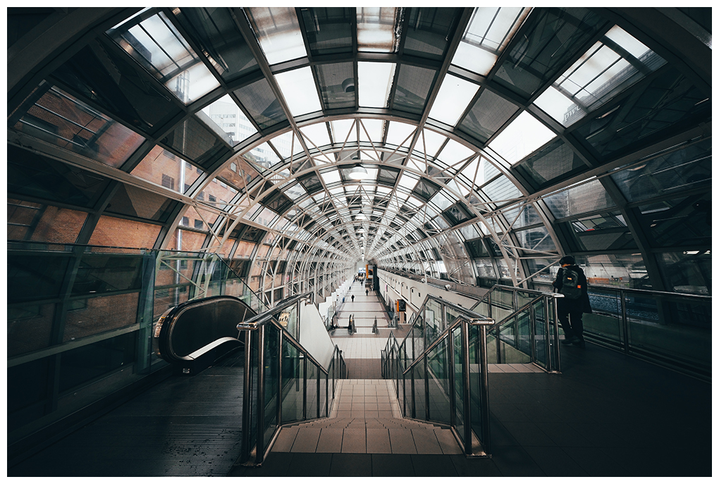 Fujifilm XF8mm F3.5 R WR sample image of long walkway with dome shaped roof and triple stairs