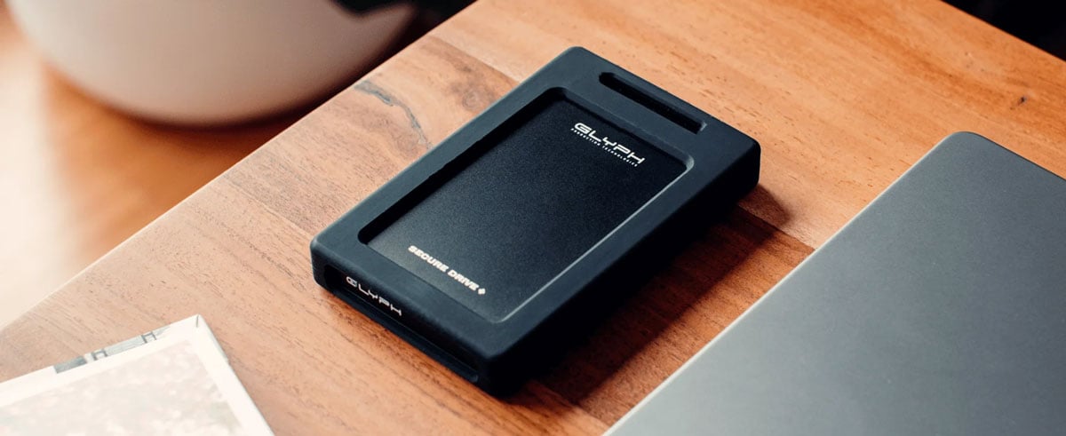 Glyph SecureDrive+ Encrypted Drive with Bluetooth on a desk