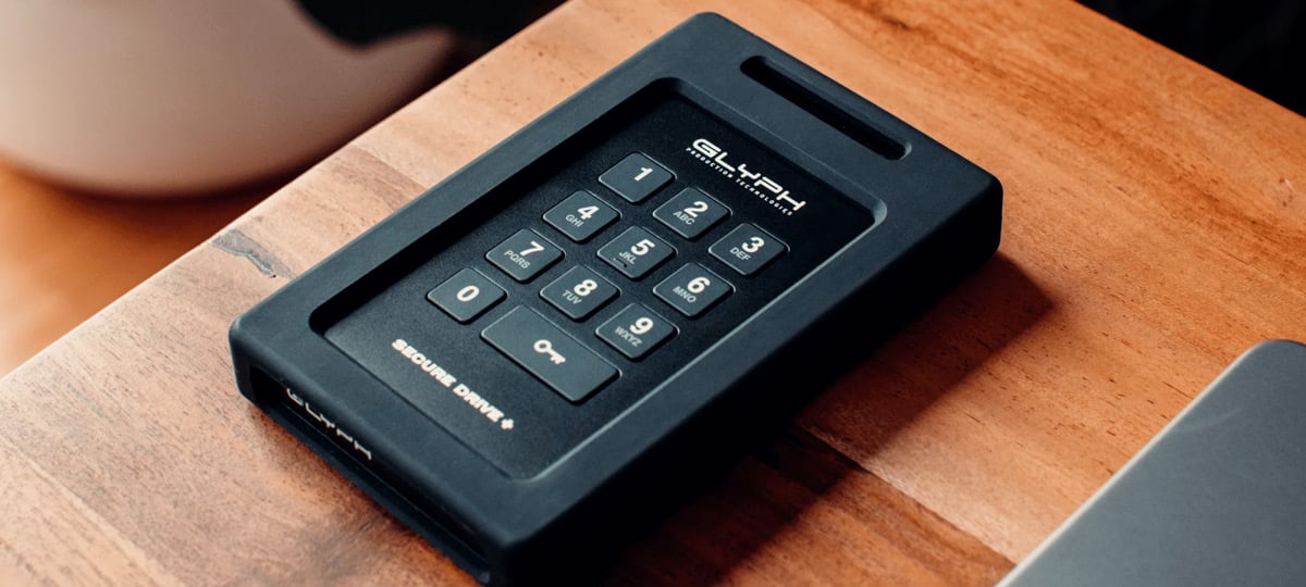 Glyph SecureDrive+ Encrypted Drive with Keypad on a desk