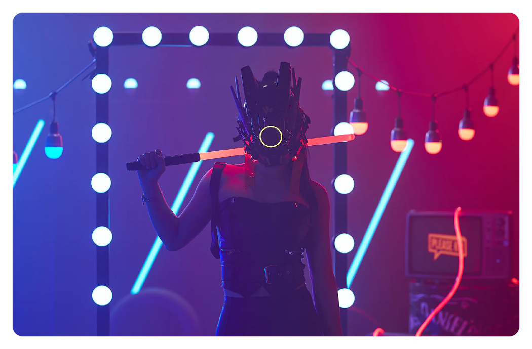 numerous godox c7r knowled e27 led bulbs in use on set