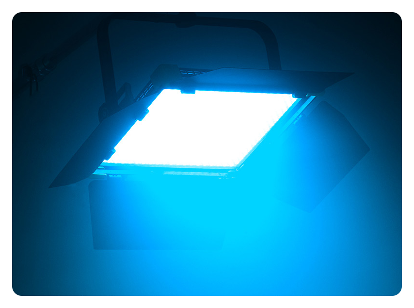 blue light coming from a godox panel light attached to a rig